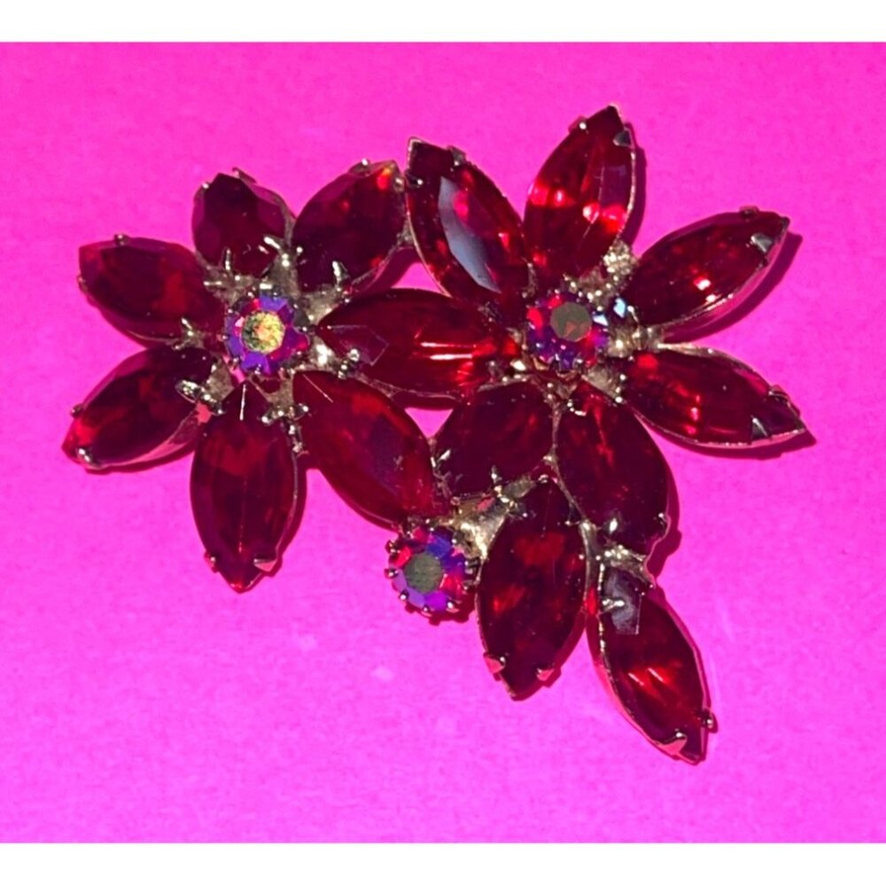 Weiss Ruby Red Crystal Brooch Ab Rhinestones Flor… - image 3